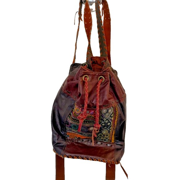 Unbranded Handbags - Vintage Hippie Boho Vegan Leather Backpack Banjara Embroidered Mirror Unique!